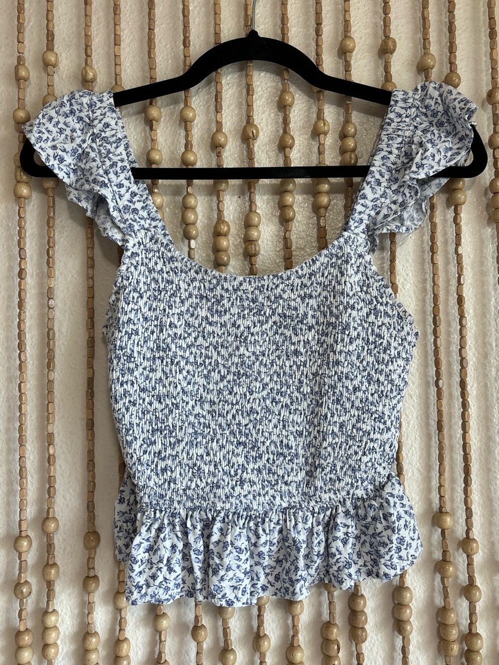 Wallflower White Blue Cottage Country Floral Smocked Ruffle Strap Semi Crop Tank